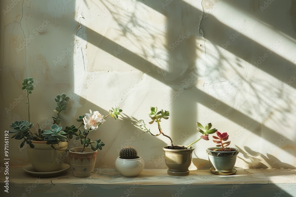 Sunlit succulents on rustic windowsill Sunlit succulents on rustic windowsill