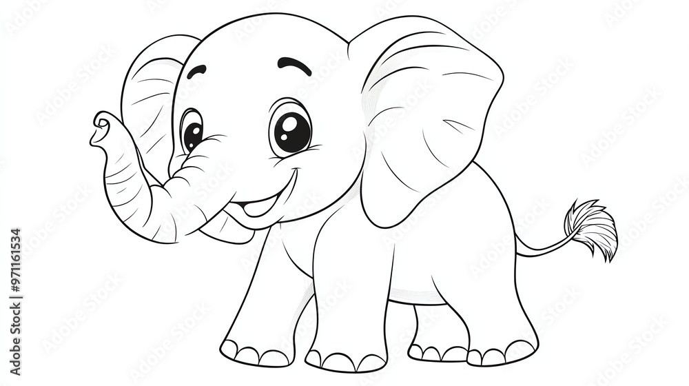 A black and white drawing of a cute baby elephant. A black and white drawing of a cute baby elephant.