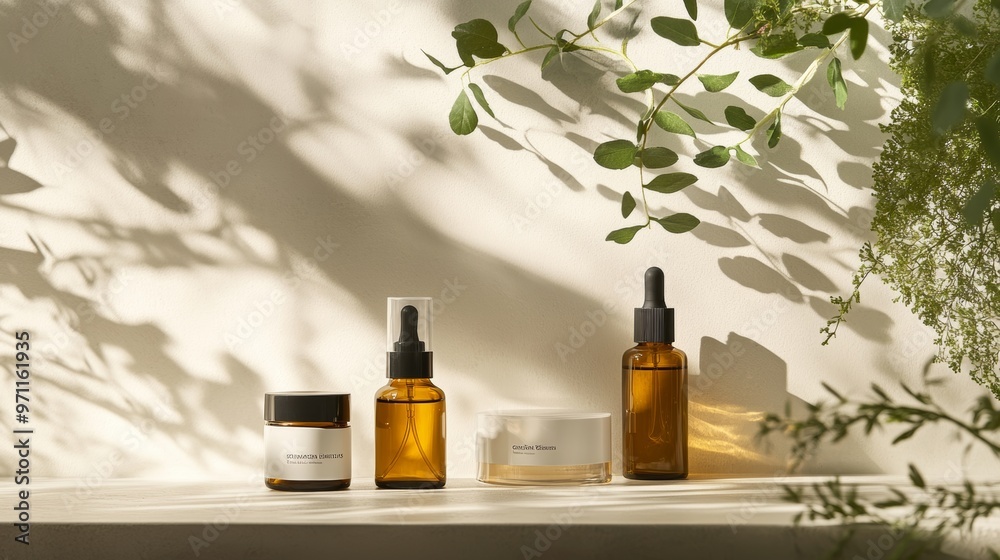 Serene Skincare Composition with Product Bottles and Jars on Light Background Serene Skincare Composition with Product Bottles and Jars on Light Background