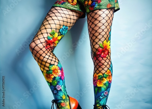 Vibrant fishnet leggings adorn a pair of toned legs, showcasing intricate mesh patterns and bold textures, evoking a sense of edgy, avant-garde fashion statement. photo