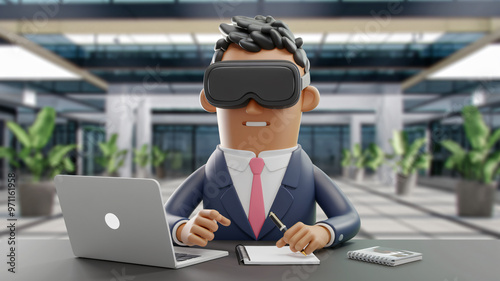 3D Cartoon Young Businessman in Virtual Reality Glasses Discovering Core Values