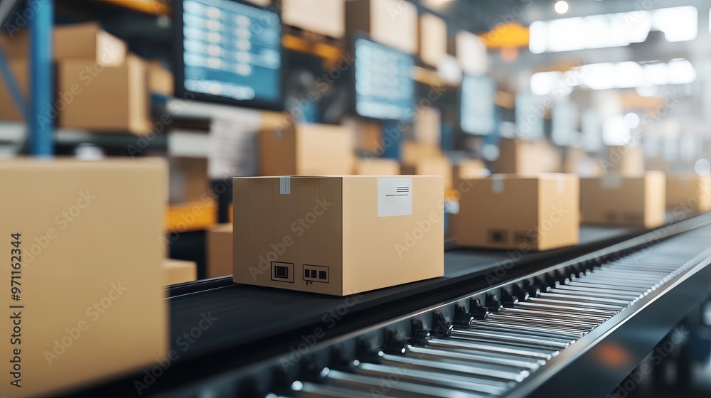 Close-Up of Boxes on Conveyor Belt in Warehouse with Blurred Office Background. AI generated illustration Close-Up of Boxes on Conveyor Belt in Warehouse with Blurred Office Background. AI generated illustration