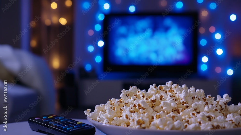 Popcorn and Remote Control on Table with Blurred Living Room Background and Blue Lights. AI generated illustration Popcorn and Remote Control on Table with Blurred Living Room Background and Blue Lights. AI generated illustration