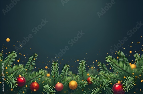 Festive Christmas background with green fir branches and colorful baubles against a dark backdrop. Glowing lights and sparkles