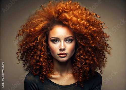 Vibrant ginger-haired individual with dark skin radiates confidence, embracing natural textures and undertones, set against a neutral background, highlighting unique beauty and self-expression. photo