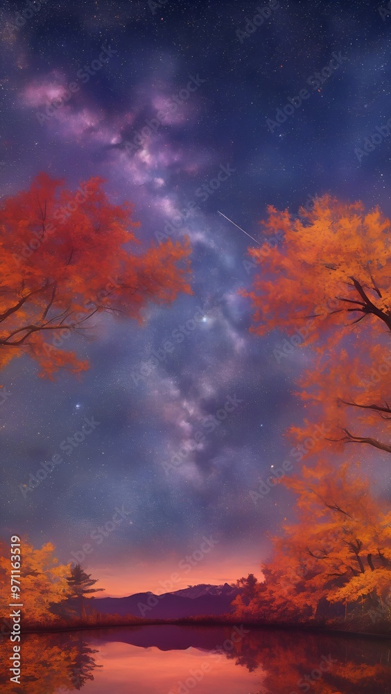 Fototapeta premium 美しい夜空と紅葉の風景