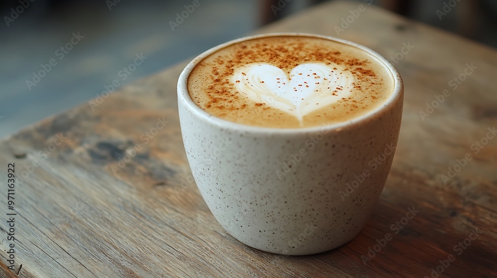 Cappuccino in a white cup, placed on a wooden table with large open space for design around it Cappuccino in a white cup, placed on a wooden table with large open space for design around it