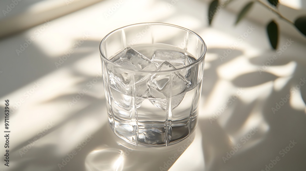 Clear glass of water with ice cubes, placed on a bright, plain surface with ample room for design Clear glass of water with ice cubes, placed on a bright, plain surface with ample room for design