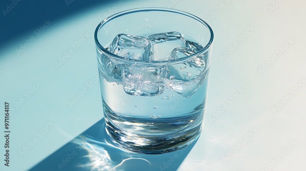 Clear glass of water with ice cubes, placed on a bright, plain surface with ample room for design