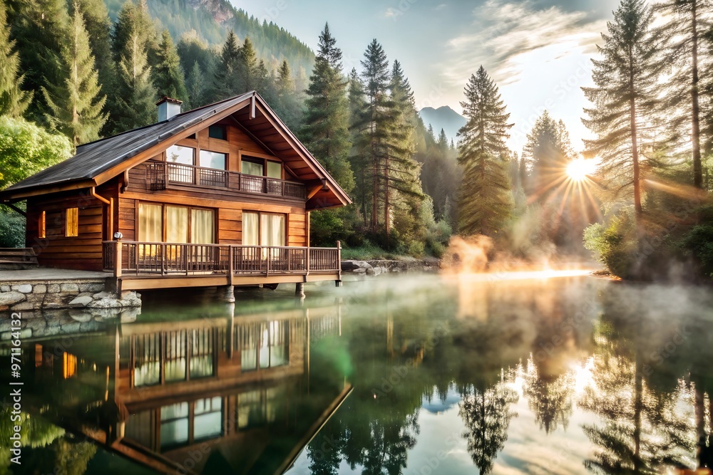 Mountain landscape at dawn sunlight illuminating a wooden chalet reflecting in a misty lake surrounded by a forest Mountain landscape at dawn sunlight illuminating a wooden chalet reflecting in a misty lake surrounded by a forest