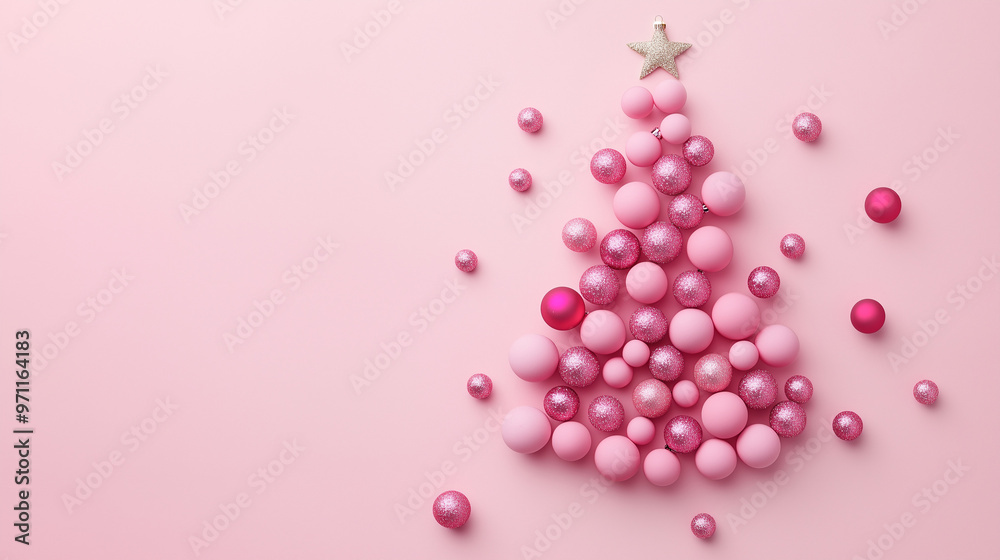 Christmas composition. Christmas tree made of pink ball on pink table background with space for text. New Year sale. Christmas composition. Christmas tree made of pink ball on pink table background with space for text. New Year sale.