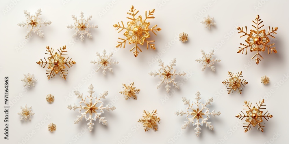 Golden decorative snowflakes on a white background Golden decorative snowflakes on a white background