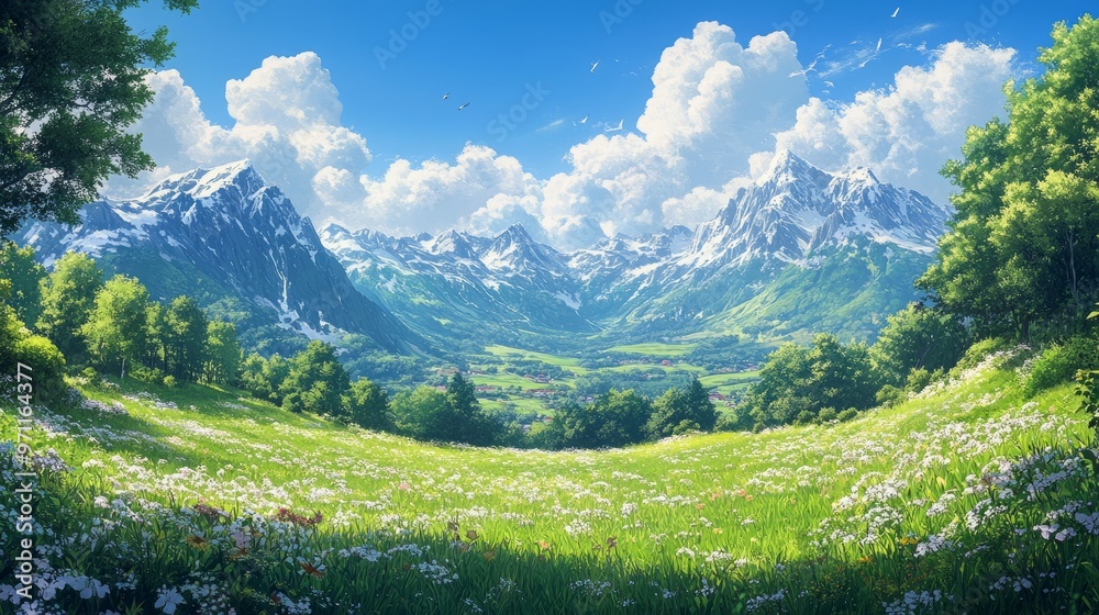 Expansive Green Meadows under a Clear Blue Sky with Fluffy White Clouds - Pastoral Paradise