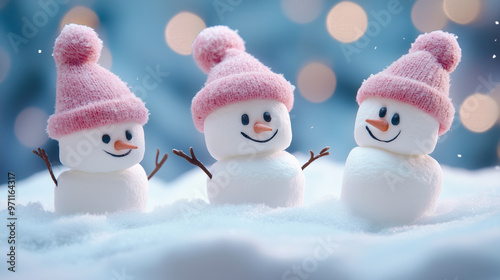 Happy, funny marshmallow snowmen in the snow. Winter background.