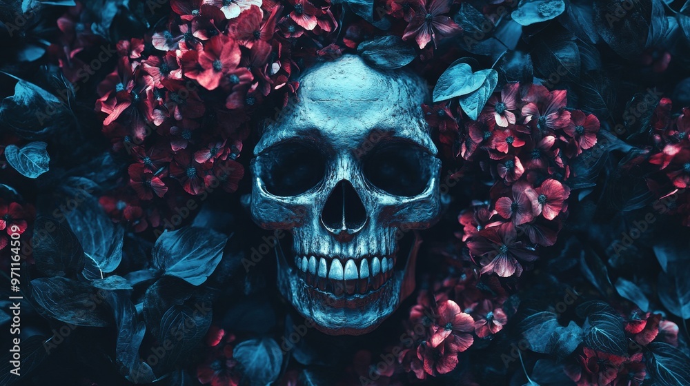 scary halloween skull decorated with flowers scary halloween skull decorated with flowers