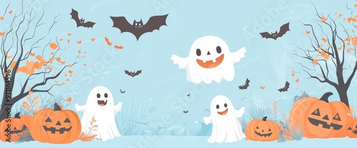 Halloween wallpaper pattern in cute cartoon style with symbols like a pumpkin, bat and ghost. Happy Halloween!