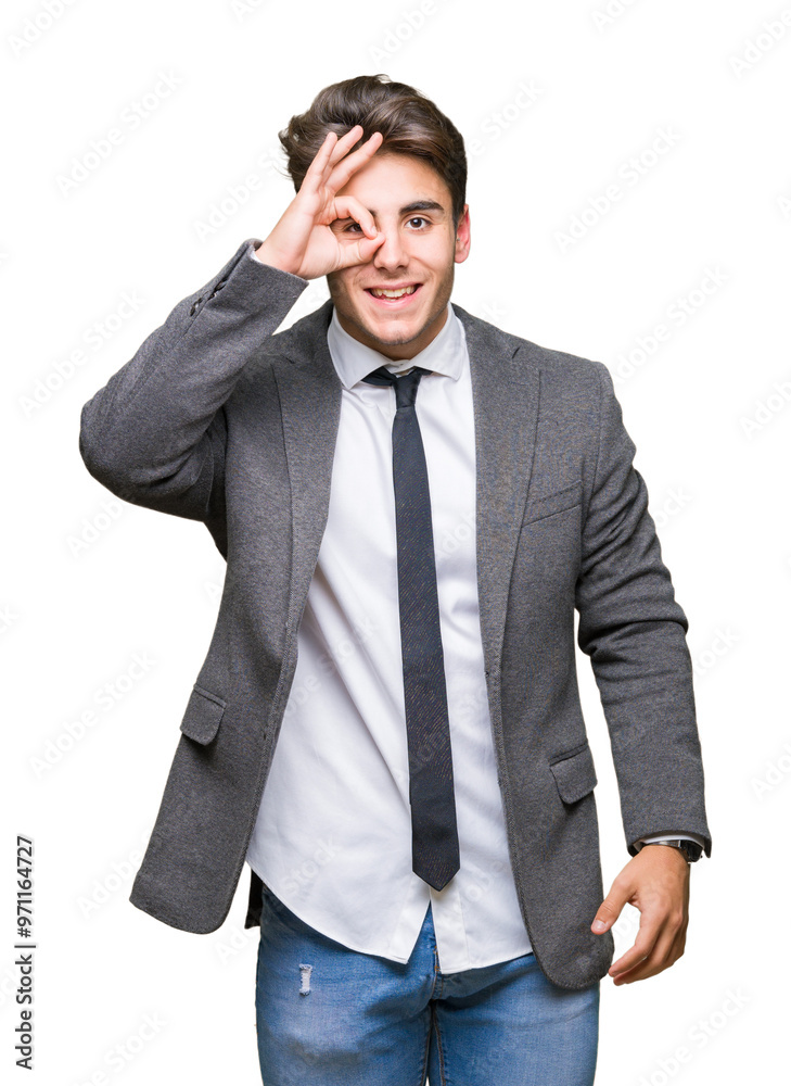 Young business man wearing suit and tie over isolated background doing ok gesture with hand smiling, eye looking through fingers with happy face. Young business man wearing suit and tie over isolated background doing ok gesture with hand smiling, eye looking through fingers with happy face.