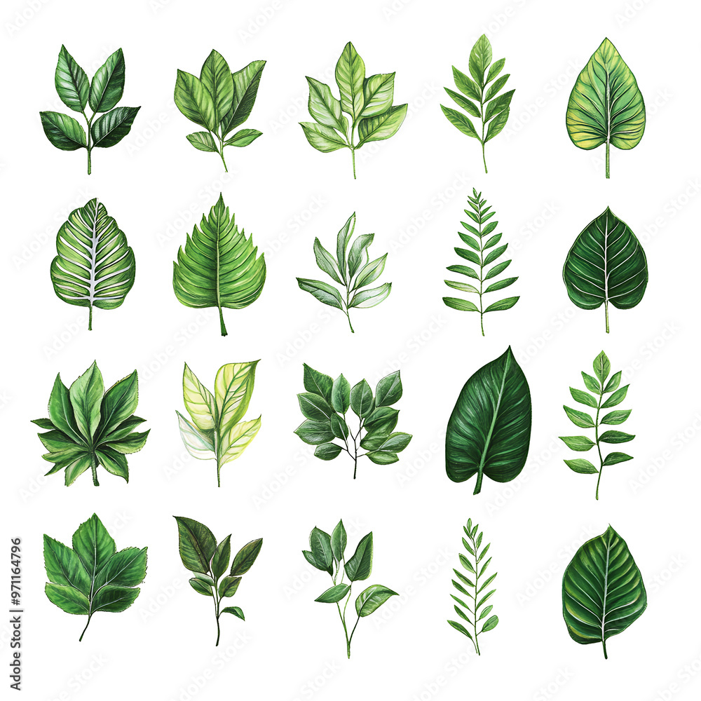 A collection of 20 watercolor illustrations of various green leaves, perfect for adding a touch of nature to your designs. A collection of 20 watercolor illustrations of various green leaves, perfect for adding a touch of nature to your designs.