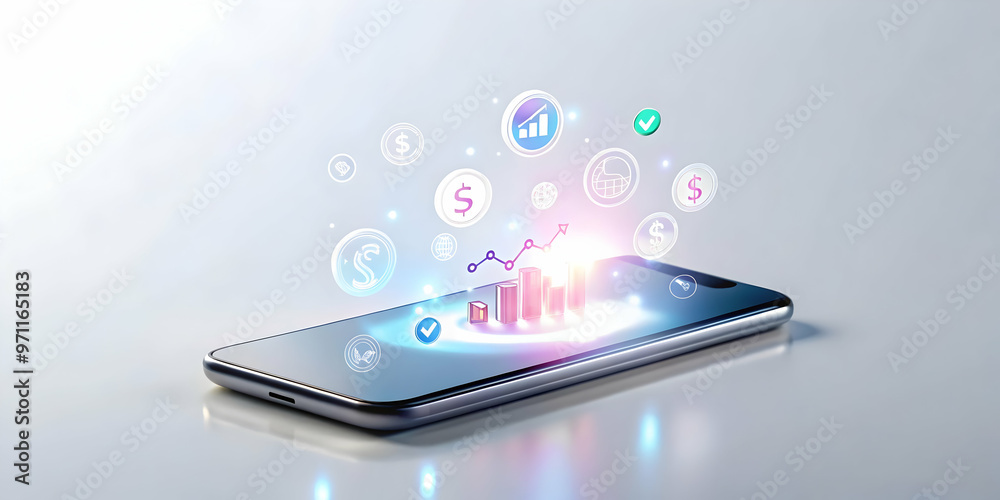 Smartphone with Holographic Financial Icons: Displaying Spending, Savings, and Profits on a Glossy Surface for Tech and Finance Promotions Smartphone with Holographic Financial Icons: Displaying Spending, Savings, and Profits on a Glossy Surface for Tech and Finance Promotions