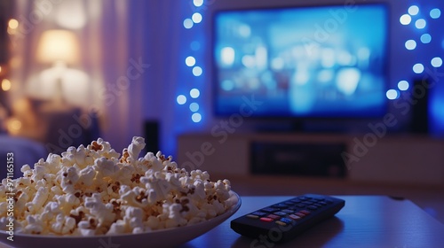 Popcorn and Remote Control on Table with Blurred Living Room Background and Blue Lights. AI generated illustration