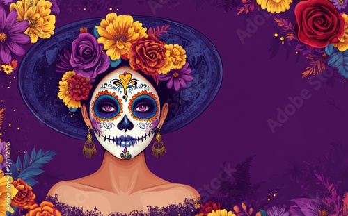 La Catrina with flowers in the hair. Dia de los muertos festival party celebration concept on purple background. Woman with skull makeup and a floral costume. Mexican tradition and culture concept.