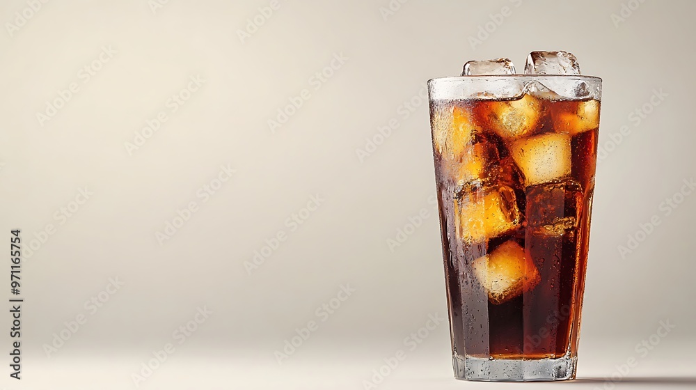 Tall glass of cold cola with ice cubes, sitting on a blank background with ample room for text Tall glass of cold cola with ice cubes, sitting on a blank background with ample room for text