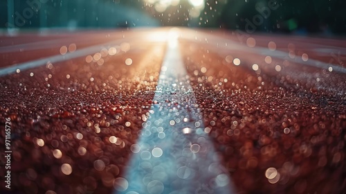 Raindrops glistening on an outdoor running track at sunset, capturing nature's beauty during a quiet moment of stillness. Generative AI