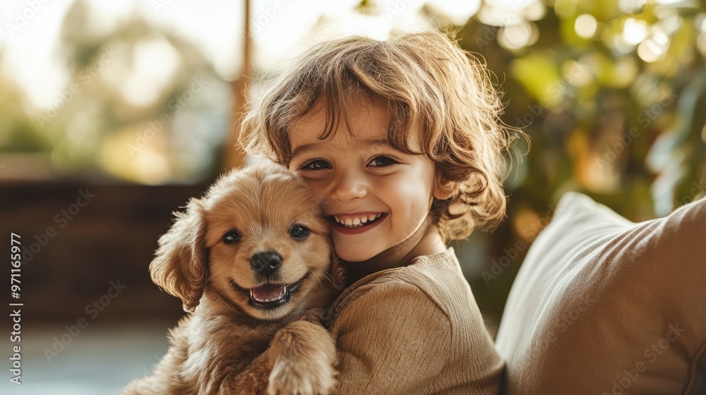 A puppy sitting on the lap of a child, both smiling and bonding while enjoying a sunny day outdoors A puppy sitting on the lap of a child, both smiling and bonding while enjoying a sunny day outdoors