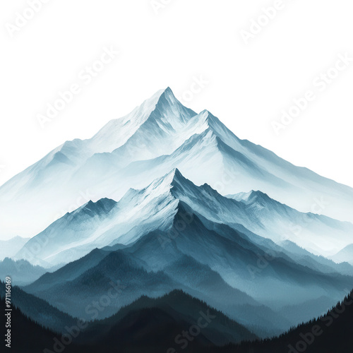 A stunning mountain landscape featuring sharp peaks and layered ridges, enveloped in a subtle mist for a serene atmosphere. isolated on a transparent background photo