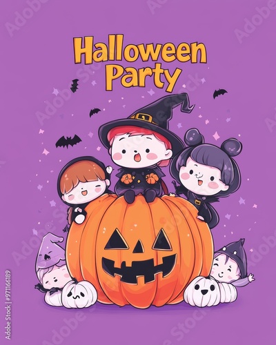 Halloween party invitation or greeting card design template. Happy, cute cartoon characters on purple background.