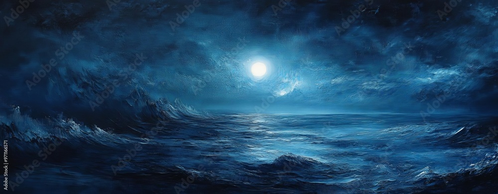 Dark blue abstract painting with misty white highlights, evoking the tranquility of the sea under moonlight The texture should be deep and immersive Dark blue abstract painting with misty white highlights, evoking the tranquility of the sea under moonlight The texture should be deep and immersive