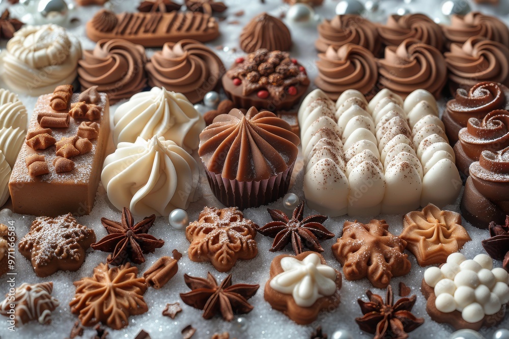 Cakes, fudge, and spiced cookies. Generative AI Cakes, fudge, and spiced cookies. Generative AI