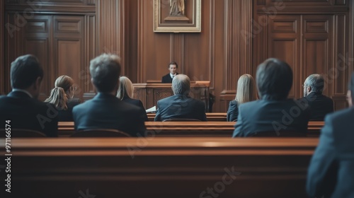 Court session with judge, lawyers and jury