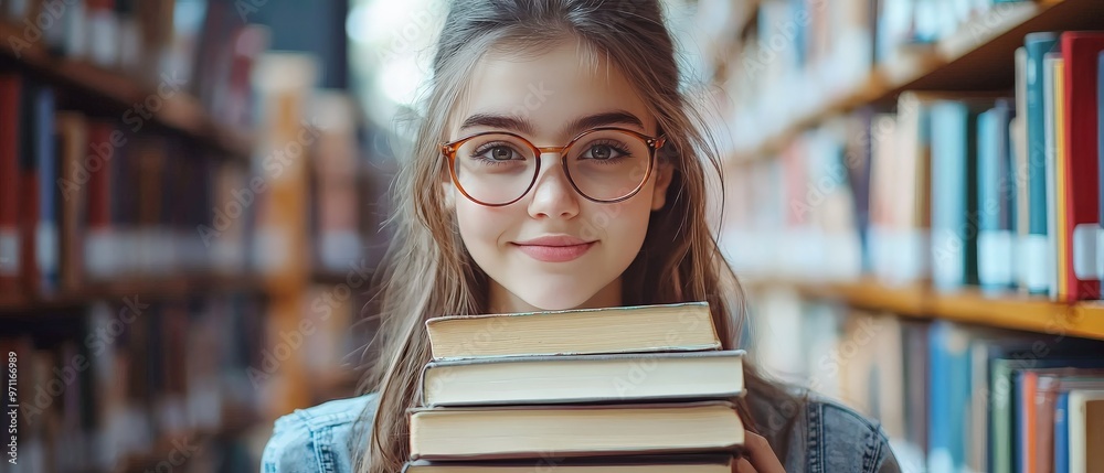 A young woman wearing glasses is holding a stack of books A young woman wearing glasses is holding a stack of books