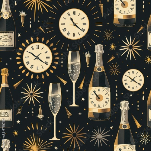 Seamless New Year's Eve Celebration Pattern with Fireworks and Champagne

