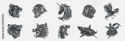 Dog, monkey, unicorn, rooster, bear, boar, snake, shark, goat in hand drawn sketch style. Monochrome silhouette animals for tattoo, print, branding. Vector illustration. photo