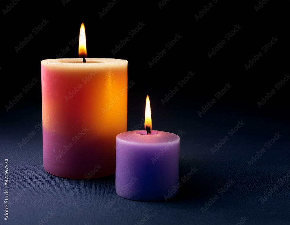 Two burning brightly candles in the dark shadow, space for text romantic colorful concept background Two burning brightly candles in the dark shadow, space for text romantic colorful concept background