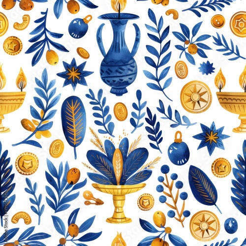 Seamless Hanukkah Holiday Pattern with Dreidels, Menorahs, Coins, and Olive Branches

