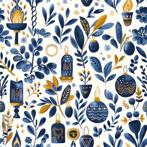 Seamless Hanukkah Holiday Pattern with Dreidels, Menorahs, Coins, and Olive Branches

