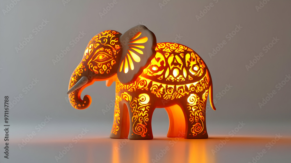 Fototapeta premium 3D Diwali Lantern and Elephant Motif Icon with Glowing Patterns - Cultural Festivity Elements Isolated on White Background
