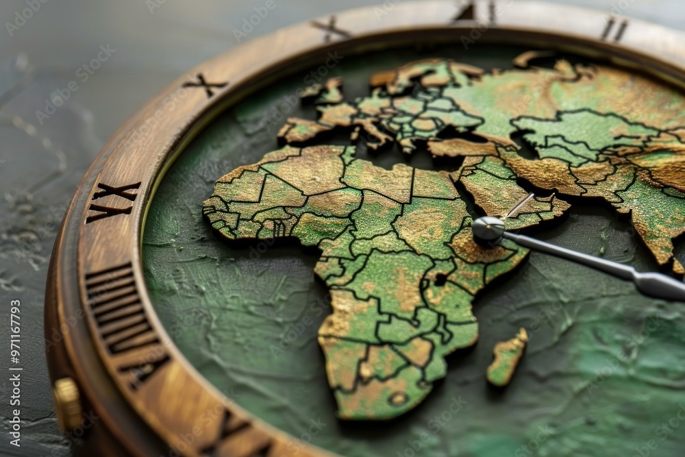 Clock face showing world map highlighting continents and countries Clock face showing world map highlighting continents and countries