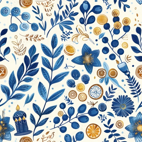 Seamless Hanukkah Holiday Pattern with Dreidels, Menorahs, Coins, and Olive Branches

