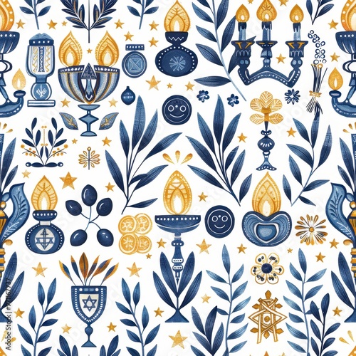 Seamless Hanukkah Holiday Pattern with Dreidels, Menorahs, Coins, and Olive Branches

