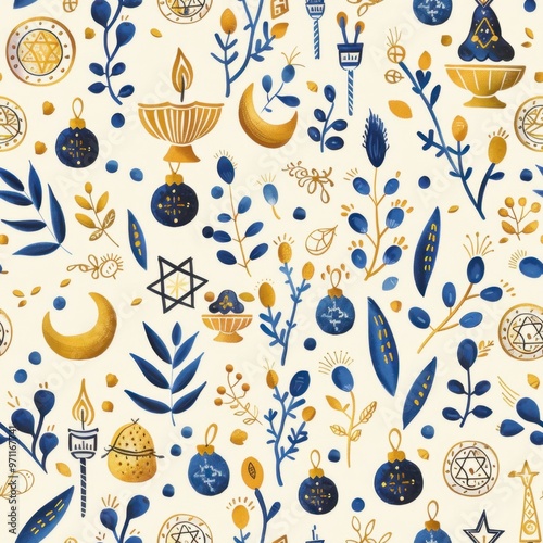 Seamless Hanukkah Holiday Pattern with Dreidels, Menorahs, Coins, and Olive Branches

