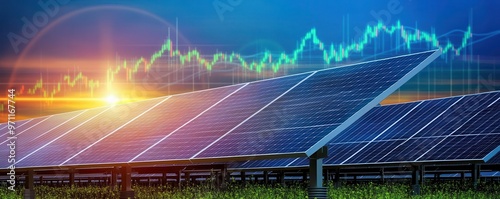 Solar panel farm merged with financial market symbols like rising stock arrows   green investment, renewable energy finance