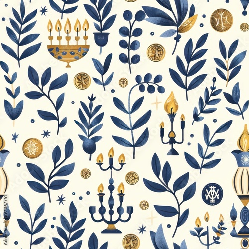 Seamless Hanukkah Holiday Pattern with Dreidels, Menorahs, Coins, and Olive Branches

