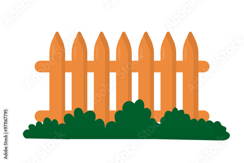 Flat design vector of  wooden fence overgrown with grass in front is beautiful photo