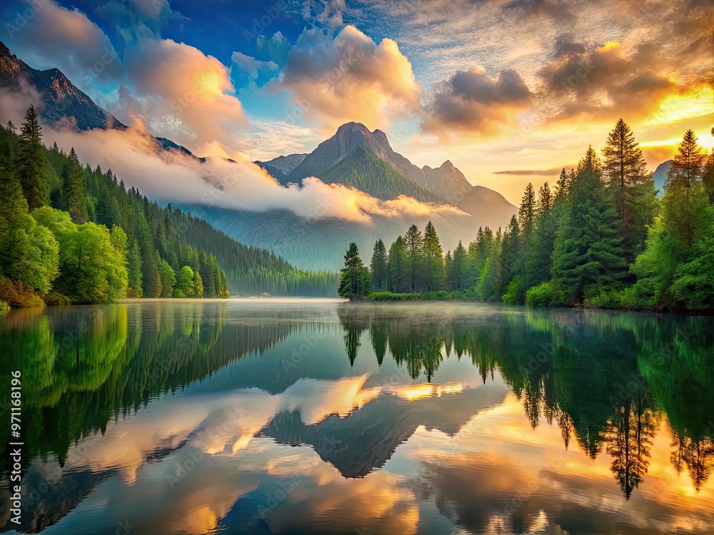 Vibrant, high-definition wallpaper image of a serene mountain lake at dawn, reflected in calm water surrounded by lush green forest and misty clouds. Vibrant, high-definition wallpaper image of a serene mountain lake at dawn, reflected in calm water surrounded by lush green forest and misty clouds.