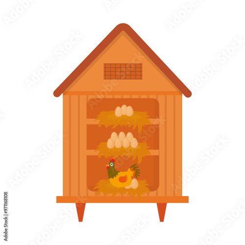 vector 3 level chicken coop made of wood, there is a mother hen and her eggs.
