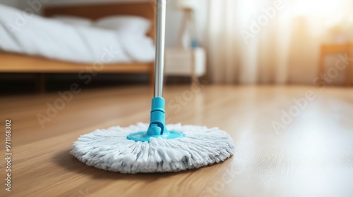 Close up view of a microfiber mop cleaning a polished wooden floor in a sunlit bedroom during the morning hours.